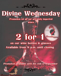 wednesday 2 for 1 on wine at Bootlegger cocktail bar montreal